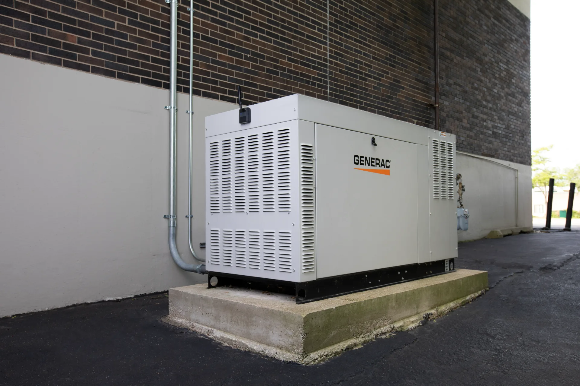 A commercial standby generator installed outside a Houston facility